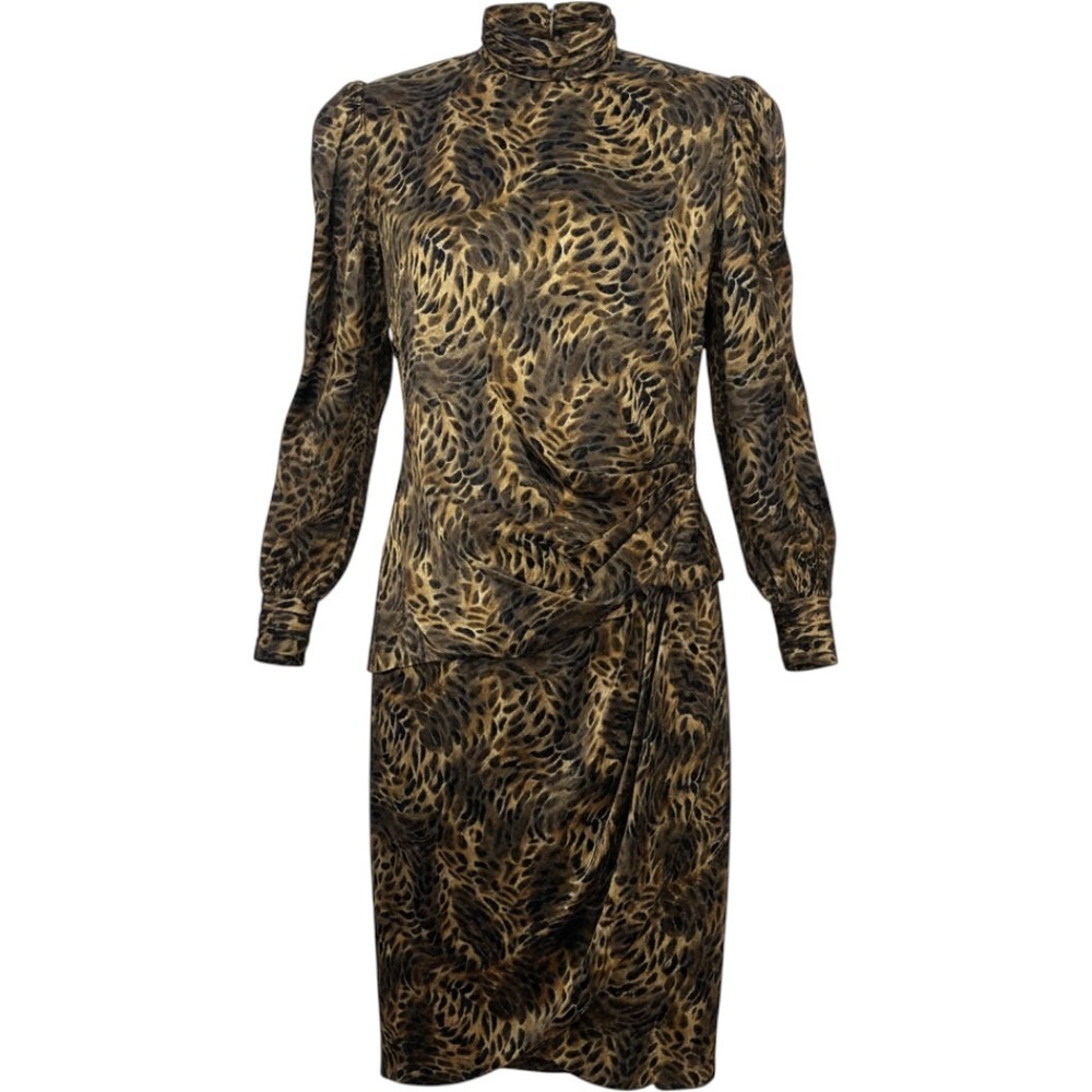 Vintage 80s 100% Silk Leopard Print High Neck Dress  Ruched Sheath Size 4